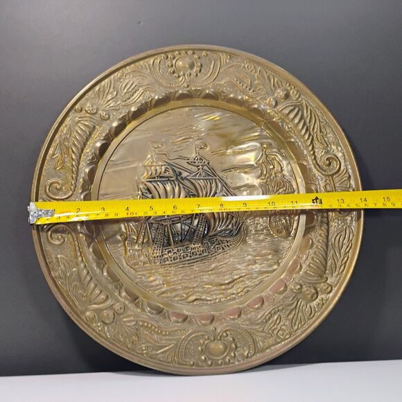 Vtg Embossed 3D Copper Wall Plate Decor Of A Ship Sailing Along The Sea - Picture 10 of 11
